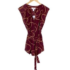 Motherhood Maternity Gold Chain Print  V Neck Sleeveless Blouse Waist Tie Small